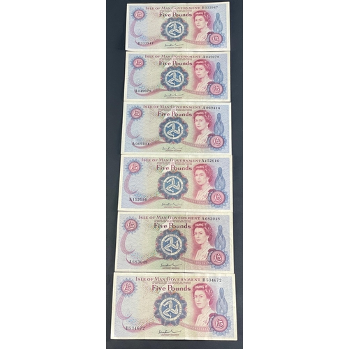 144 - ISLE of MAN 1970s £5 Banknote collection of six John Paul £5 five Pound notes.  All in nice uncircul... 