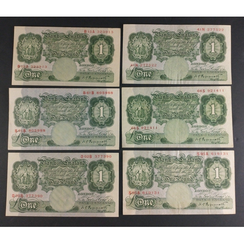 15 - UK Bank of England £1 green Peppiatt banknotes x6 in good collectible grades.#15