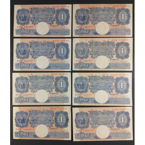 16 - UK Bank of England £1 blue Peppiatt banknotes x8 in good collectible grades.#16