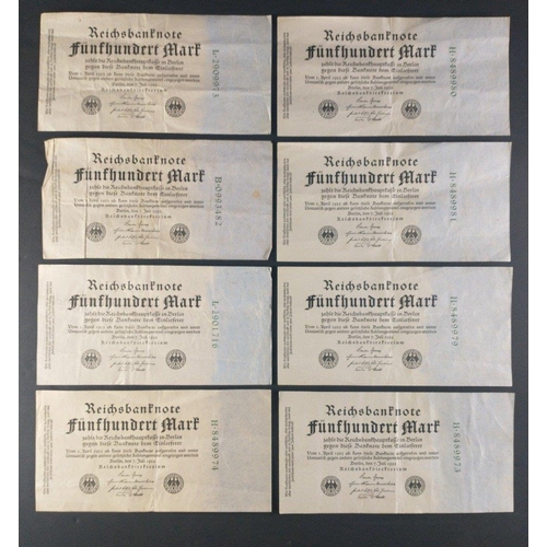 164 - Early Twentieth century GERMANY banknotes of interest to include eight 1922  Five Hundred Mark notes... 