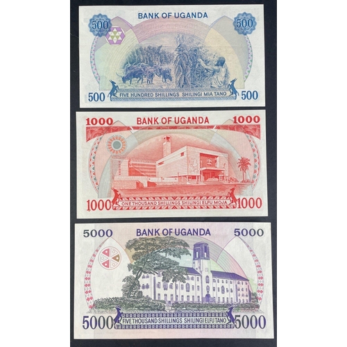 171 - UGANDA Banknotes of interest x 3.  1986 500 Shillings, 1000 Shillings and 5000 Shillings all in exce... 