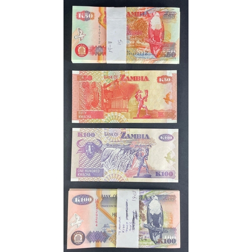 172 - ZAMBIA Banknote lot of K50 and K100 uncirculated note bundles in cashiers bags.#172