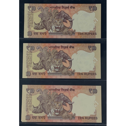 177 - Reserve Bank of INDIA Banknotes.   2011 Ghandi 10 Rupees x3 Sequential plus one interesting 222222 s... 