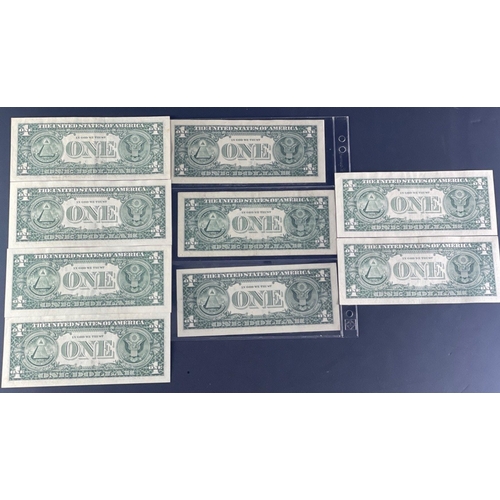 196 - UNITED STATES Washington One Dollar Banknotes x 9. All Green Seals.  One 1999 and ten post 2000 .  A... 