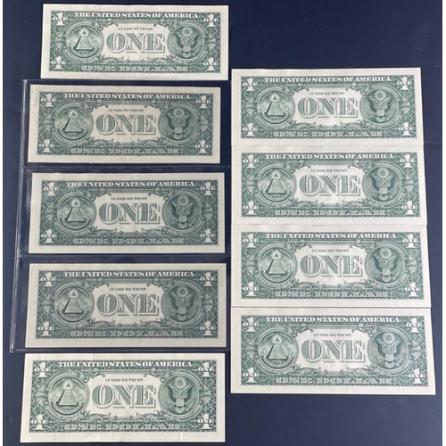 197 - UNITED STATES 2013 One Dollar Banknotes x 9. All Green Seals.    All nice notes in good collectible ... 