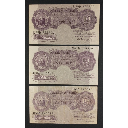 2 - Three UK Peppiatt  Ten Shillings purple banknote x3.  In good collectible grades with light wear.#2... 