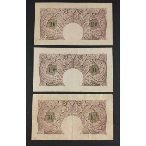 2 - Three UK Peppiatt  Ten Shillings purple banknote x3.  In good collectible grades with light wear.#2... 