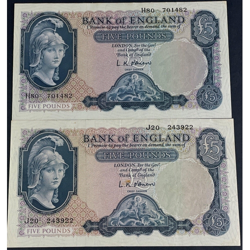 20 - Two blue O'BRIEN five pound notes serial nos H80 701482 and J20 243922. Uncirculated condition#20... 