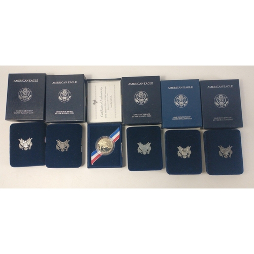 204 - Five AMERICAN ONE OUNCE SILVER PROOF EAGLES in boxes with plush cases and paperwork  1994, 1995, 199... 