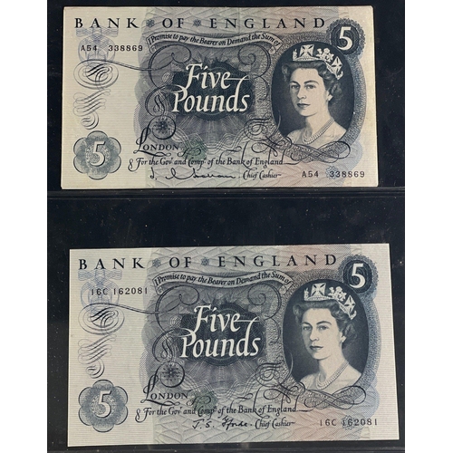 21 - Two blue HOLLOM five pound notes serial nos A54 338869 and B95 022467 and one FFORDE five pound note... 