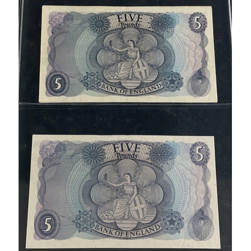 21 - Two blue HOLLOM five pound notes serial nos A54 338869 and B95 022467 and one FFORDE five pound note... 