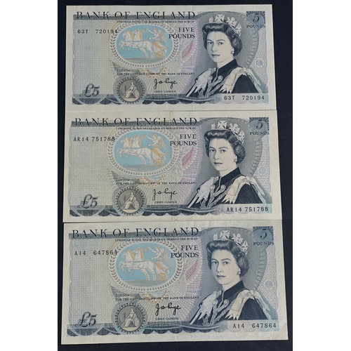 22 - Three blue PAGE five pound notes serial nos A14 647864, AR14 751788, 63T 720194. Uncirculated condit... 