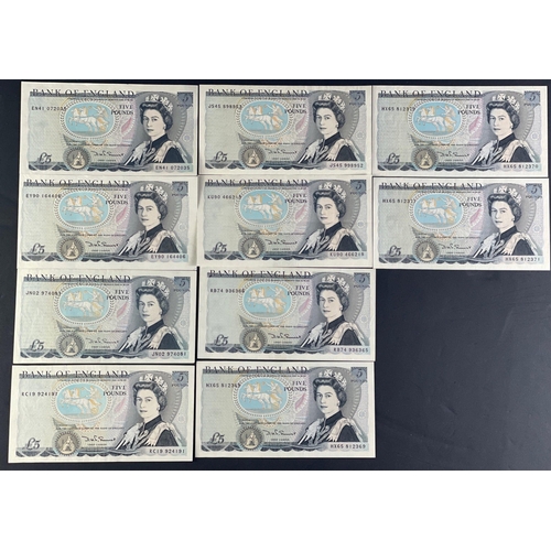 23 - Seven blue Bank of England SOMERSET five pound notes serial nos EN41 072035, EY90 164406, JN02 97408... 