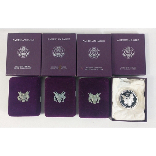 247 - Four boxed SILVER ONE OUNCE PROOF AMERICAN EAGLES in boxes with interior plush cases. 1986, 1989, 19... 