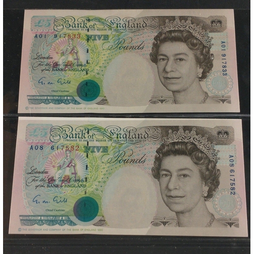 25 - Two green GILL Bank of England five pound notes A01 917833 and A08 617582.  Uncirculated condition#2... 