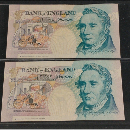 25 - Two green GILL Bank of England five pound notes A01 917833 and A08 617582.  Uncirculated condition#2... 