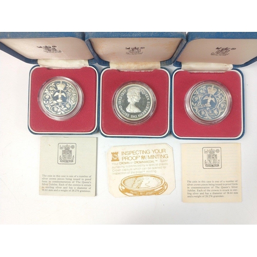 255 - Three 1977 Silver Crown coins in cases with coa to include FALKLAND ISLANDS Fifty Pence and two 1977... 