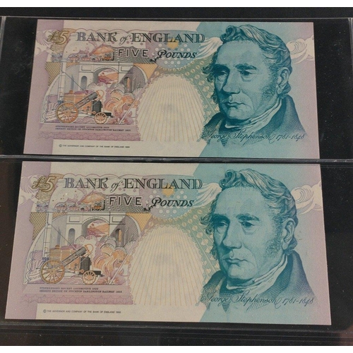 26 - Two green KENTFIELD Bank of England five pound notes serial nos DA18 674126 and DC16 344244. Uncircu... 