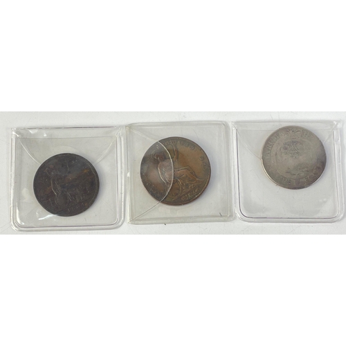 268 - A worn George III silver halfcrown dated 1819 (8g approx), an 1854 Queen Victoria one penny and an 1... 