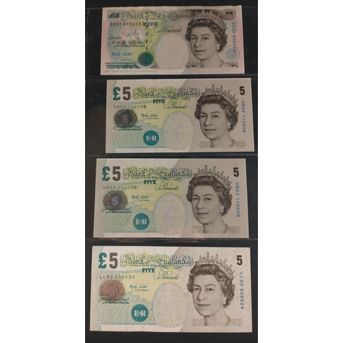 27 - Four green LOWTHER Bank of England five pound notes - 2 sequential HB04 112008 and 09 (Elizabeth Fry... 