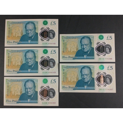 29 - Five blue polymer CLELAND Bank of England five pound notes to include the sequence AJ26 998048, 49 a... 