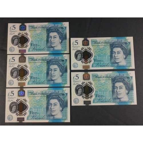 29 - Five blue polymer CLELAND Bank of England five pound notes to include the sequence AJ26 998048, 49 a... 