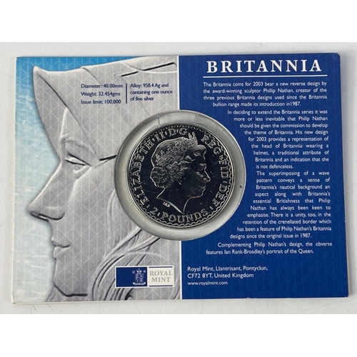 291 - One Ounce SILVER BRITANNIA 2003 in Royal Mint carded folder.  A nicely presented piece.#291