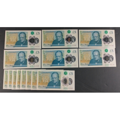 30 - Thirteen blue polymer CLELAND Bank of England five pound notes to include  AA01 184910, AA12 235309,... 