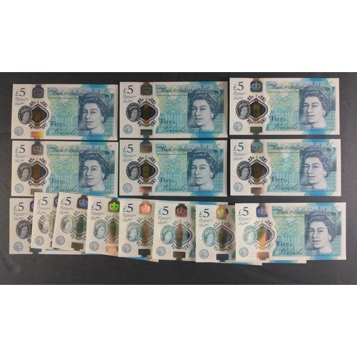 30 - Thirteen blue polymer CLELAND Bank of England five pound notes to include  AA01 184910, AA12 235309,... 