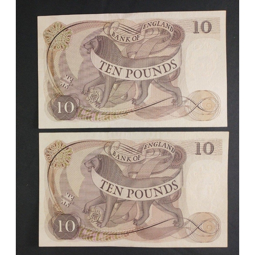 31 - Two large size brown PAGE Bank of England ten pound notes serial nos M01 368360 and M01 841852. Unci... 