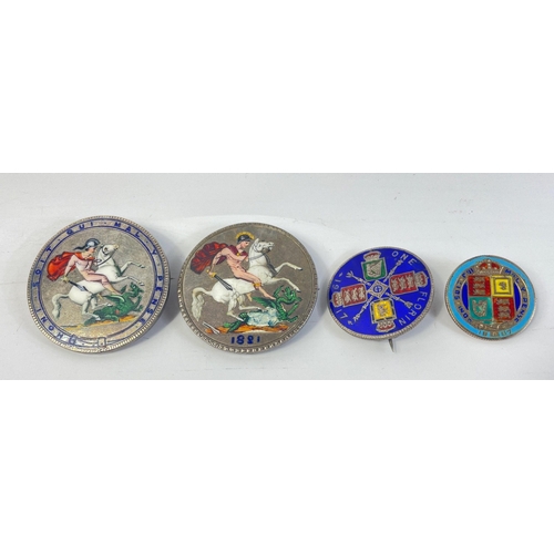 313 - Four enamelled coin brooches to include two George IV silver crowns dated 1821, (one has some damage... 