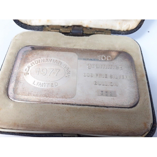 315 - 1977 Scandinavian Bank100g .999 silver ingot in presentation case.  Heavily toned and box has staini... 