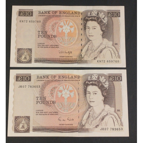 33 - Two Bank of England ten pound notes signed by KENTFIELD (KN72 659760) and GILL (JR07 783653). Uncirc... 