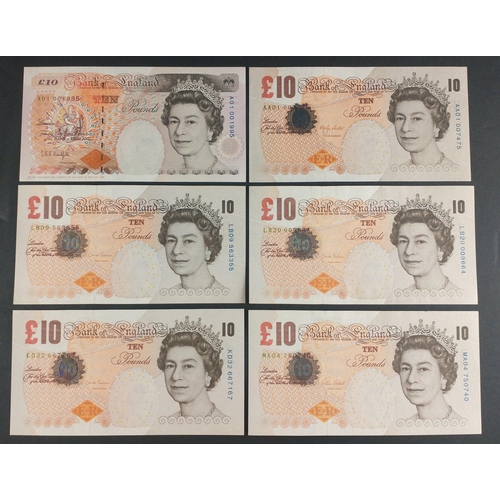 34 - Six ten pound notes signed CLELAND (MA04 750740), LOWTHER (AA01 007475), KENTFIELD (A01 001995), SAL... 