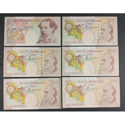 34 - Six ten pound notes signed CLELAND (MA04 750740), LOWTHER (AA01 007475), KENTFIELD (A01 001995), SAL... 