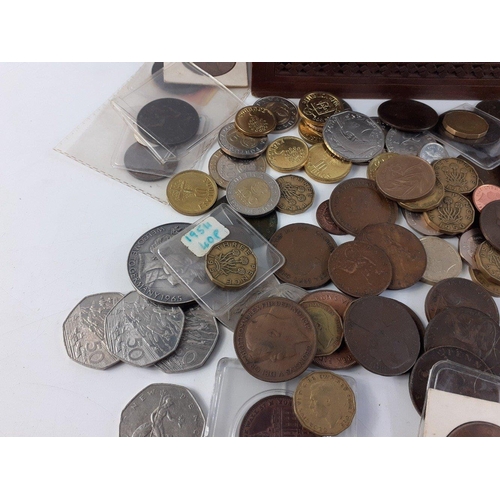 349 - A small wooden box containing some interesting mixed coinage.  Including 1665 Welcome to Germany com... 