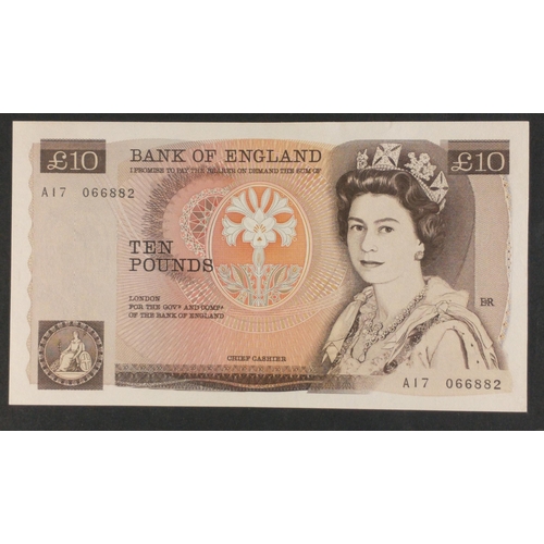 37 - Rare Bank of England brown £10 banknote A17 066882 Unusual unsigned Chief Cashier.  (Missing Jo Page... 