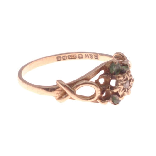 376 - A 375 hallmarked floral set yellow gold ring with green stones (2 missing), size N, gross weight 1.7... 