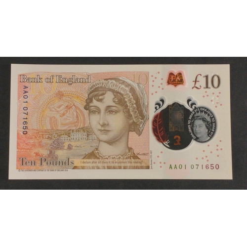 38 - A polymer CLELAND Bank of England ten pound note serial no AA01 071650. Uncirculated condition#38... 