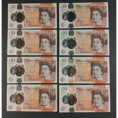 39 - Eight polymer Bank of England CLELAND ten pound notes. All uncirculated condition#39