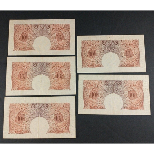 4 - UK Five O'Brien 10/-  Ten Shillings brown banknotes in good collectible condition.#4