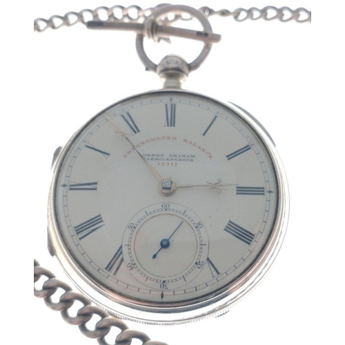 405 - A JAMES GRAHAM Carrickfergus, chronometer balance silver Chester pocket watch with Roman numerals no... 