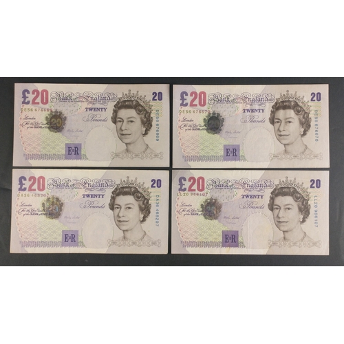 41 - Four purple LOWTHER Bank of England twenty pound notes to include sequential DE56 676669 and 70, plu... 