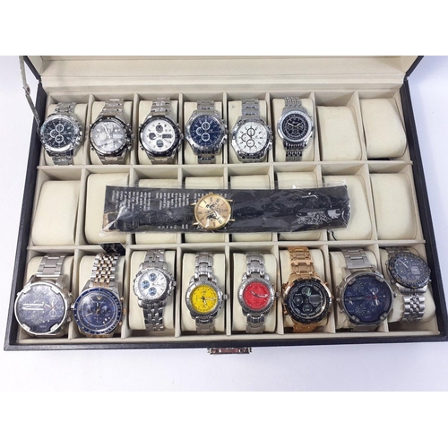 419 - A quality display case for 28 watches to include contents of gents watches comprising WWOOR, ORLANDO... 