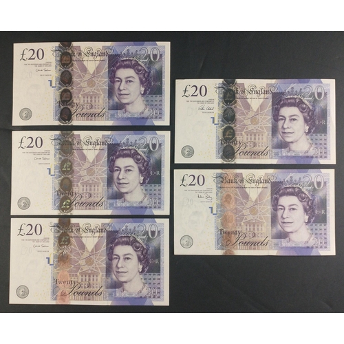 42 - Five purple Bank of England twenty pound notes signed by CLELAND, SALMON and BAILEY. Uncirculated co... 