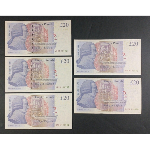 42 - Five purple Bank of England twenty pound notes signed by CLELAND, SALMON and BAILEY. Uncirculated co... 