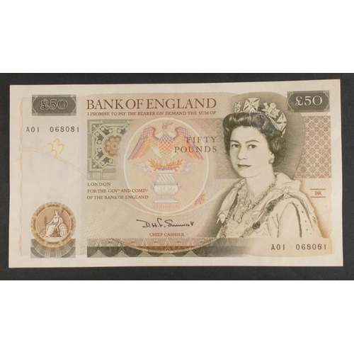 43 - A brown SOMERSET Bank of England fifty pound note A01 068081. Uncirculated condition#43