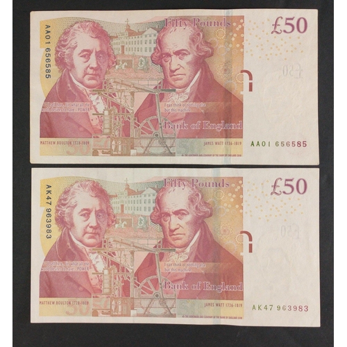 44 - Two Bank of England red fifty pound notes with significant serial numbers signed by SALMON (AA01 656... 