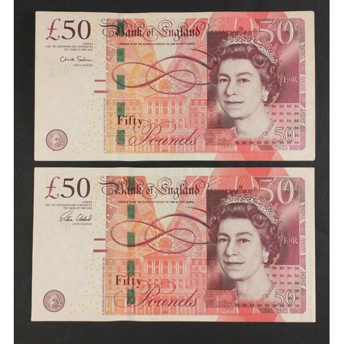 44 - Two Bank of England red fifty pound notes with significant serial numbers signed by SALMON (AA01 656... 