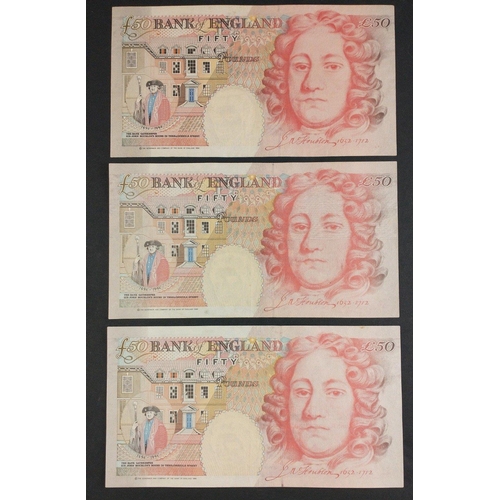 45 - Three Bank of England fifty pound notes signed by LOWTHER (M03 931445) and BAILEY (L12 854529, L24 8... 